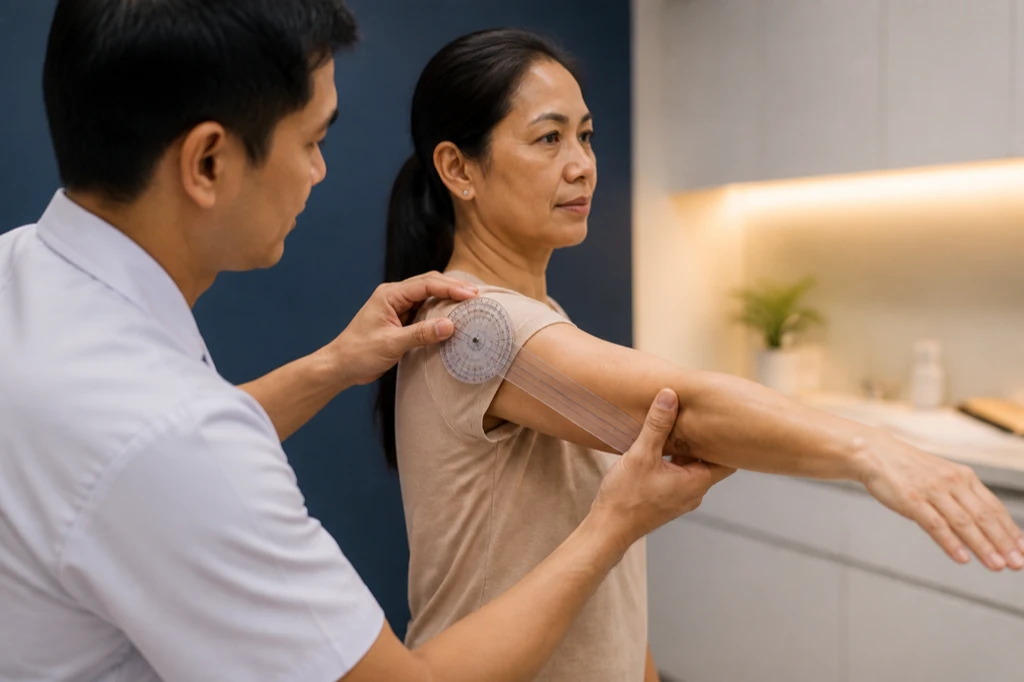 แพทย์ใช้เครื่องมือวัดมุมข้อวัดองศาการกางแขนของผู้ป่วยไหล่ติด เพื่อเทียบผลกับการติดตามครั้งก่อน