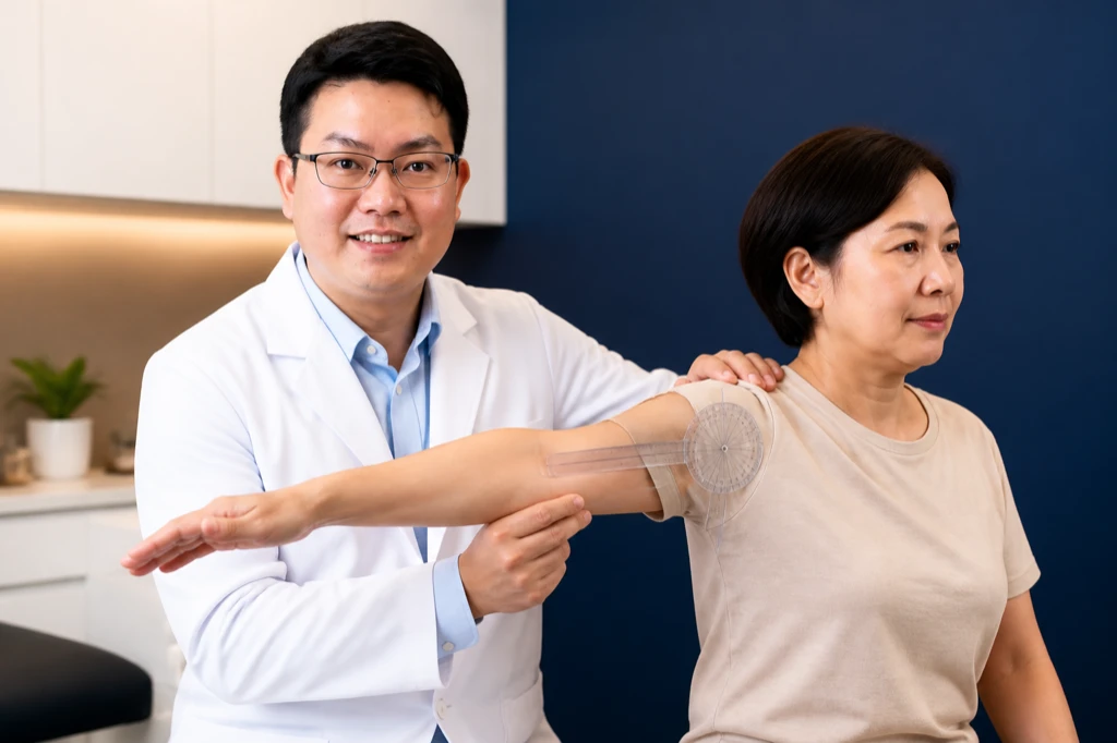 แพทย์ใช้เครื่องมือวัดมุมข้อวัดองศาการกางแขนของผู้ป่วยไหล่ติด เพื่อเทียบผลกับการติดตามครั้งก่อน