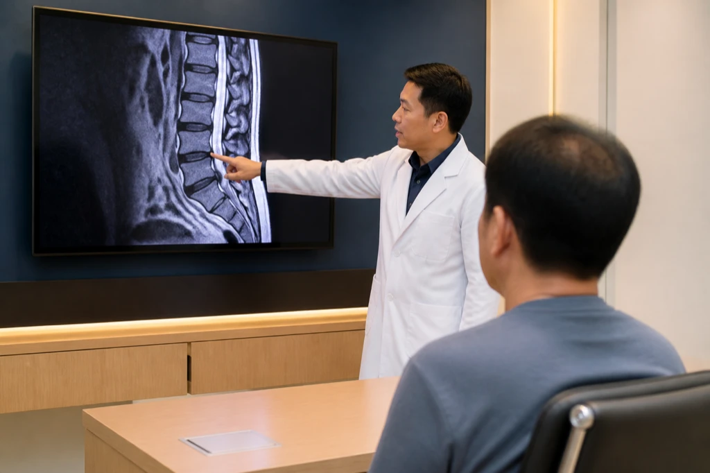 ภาพ MRI กระดูกสันหลังส่วนเอวบนจอในห้องตรวจ ขณะแพทย์อธิบายตำแหน่งหมอนรองกระดูกที่เบียดรากประสาทให้ผู้ป่วยฟัง