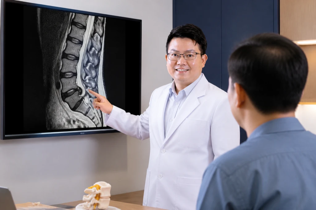 ภาพ MRI กระดูกสันหลังส่วนเอวบนจอในห้องตรวจ ขณะแพทย์อธิบายตำแหน่งหมอนรองกระดูกที่เบียดรากประสาทให้ผู้ป่วยฟัง