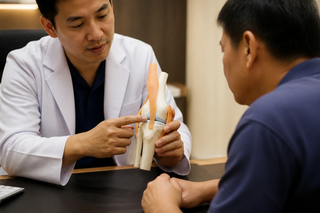 แพทย์อธิบายโมเดลข้อเข่าจำลองให้ผู้ป่วยวัยกลางคนฟังในห้องตรวจคลินิกกระดูกและข้อ นครปฐม