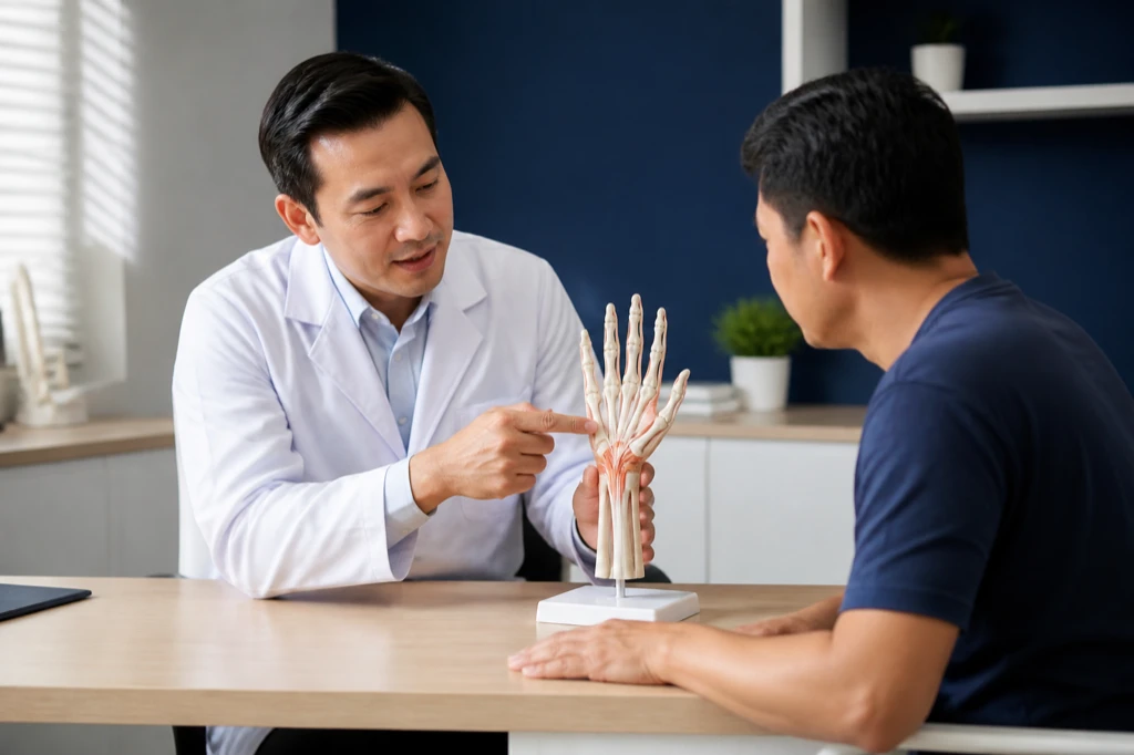 แพทย์อธิบายโครงสร้างเอ็นนิ้วมือจากหุ่นจำลองให้ผู้ป่วยวัยทำงานฟัง เพื่อปรับวิธีใช้มือในชีวิตประจำวันระหว่างรักษานิ้วล็อค