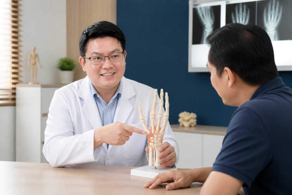 แพทย์อธิบายโครงสร้างเอ็นนิ้วมือจากหุ่นจำลองให้ผู้ป่วยวัยทำงานฟัง เพื่อปรับวิธีใช้มือในชีวิตประจำวันระหว่างรักษานิ้วล็อค