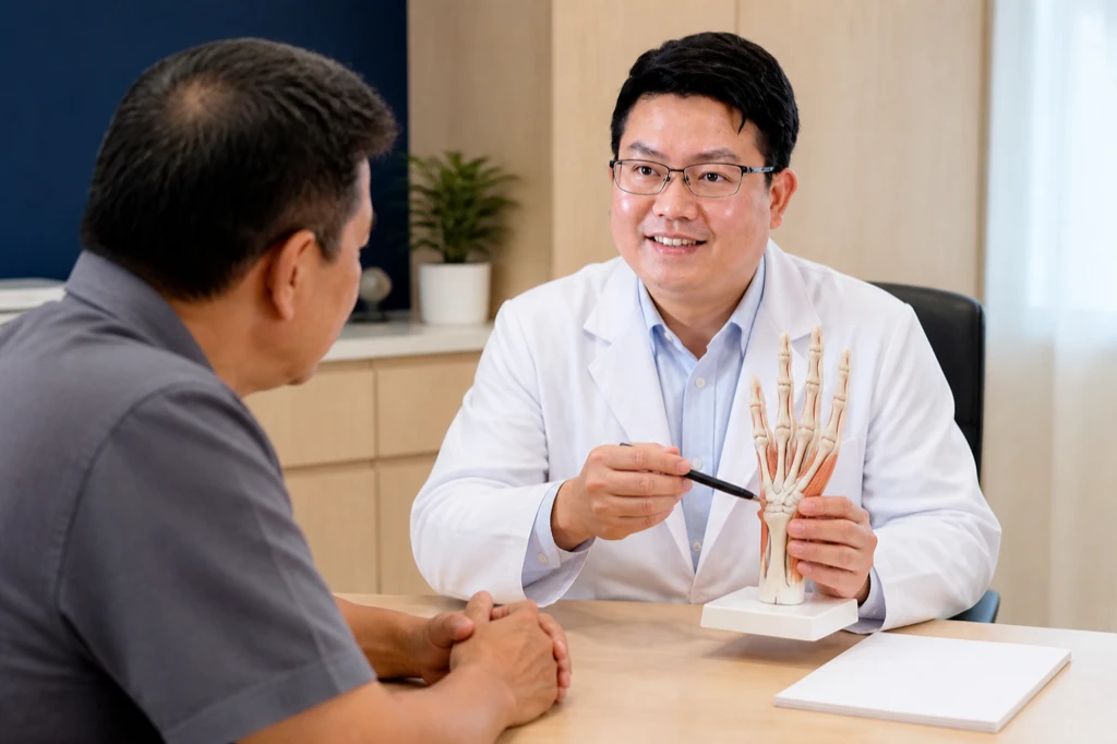 แพทย์ใช้หุ่นจำลองกระดูกและเส้นเอ็นมืออธิบายกลไกของนิ้วล็อคให้ผู้ป่วยเข้าใจว่าปลอกหุ้มเอ็นที่โคนนิ้วหนาตัวอย่างไร